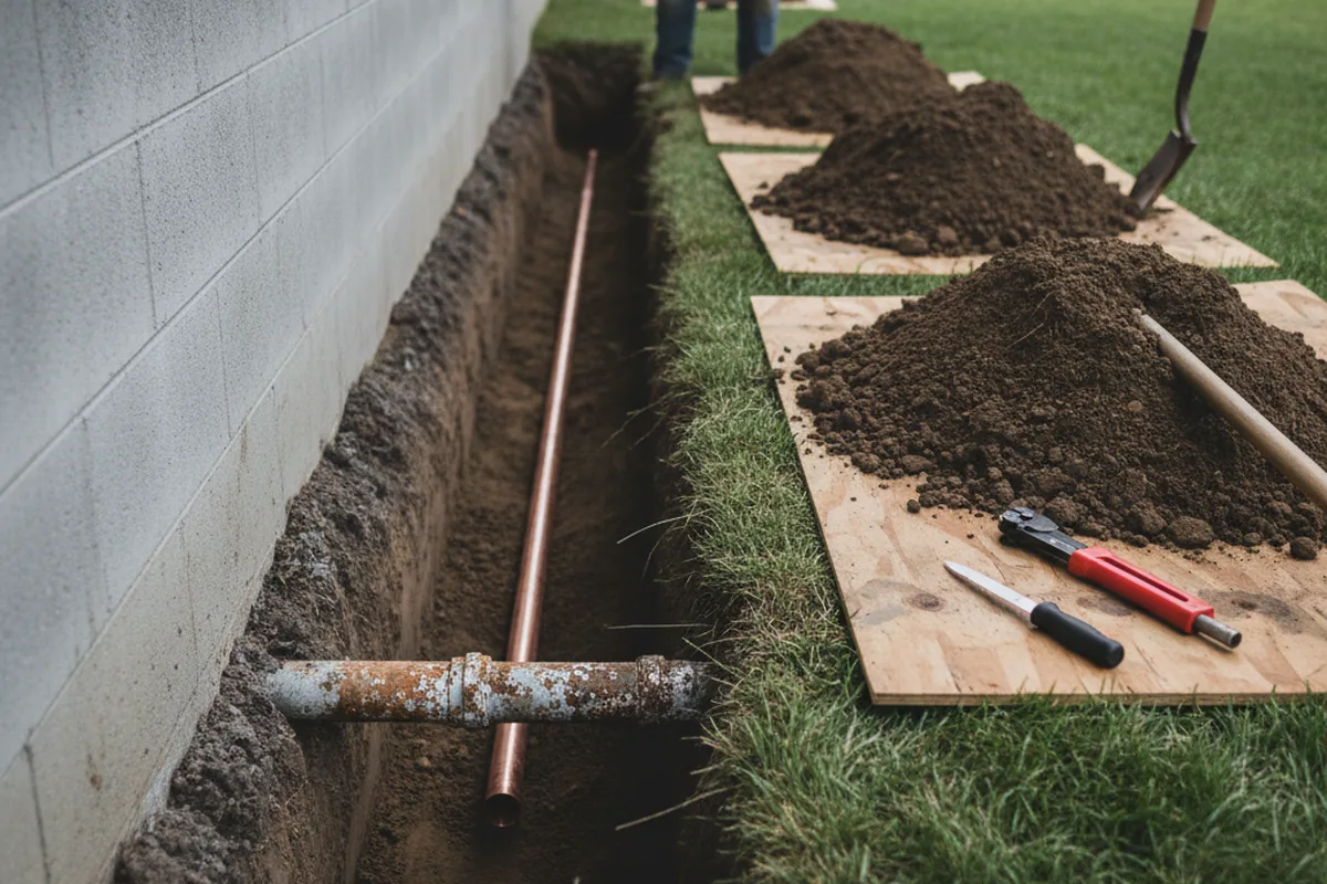 Excavated water line trench during Sewer Line Repair in Corning